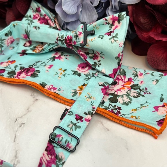 Light Blue Floral Butterfly Bow Tie and Pocket Square - Picture 12 of 16